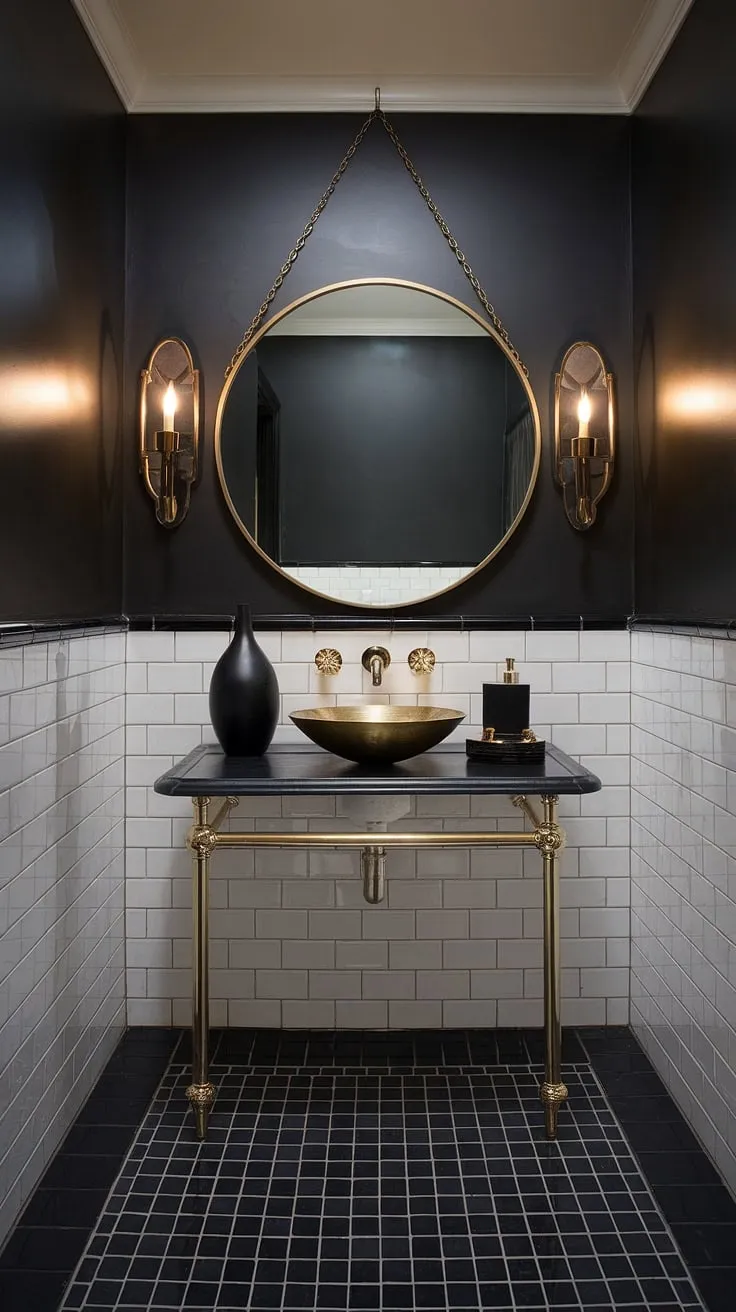 The black powder room exudes luxury with its dark grey walls, gold fixtures, and stylish decor, creating an inviting moody bathroom atmosphere.