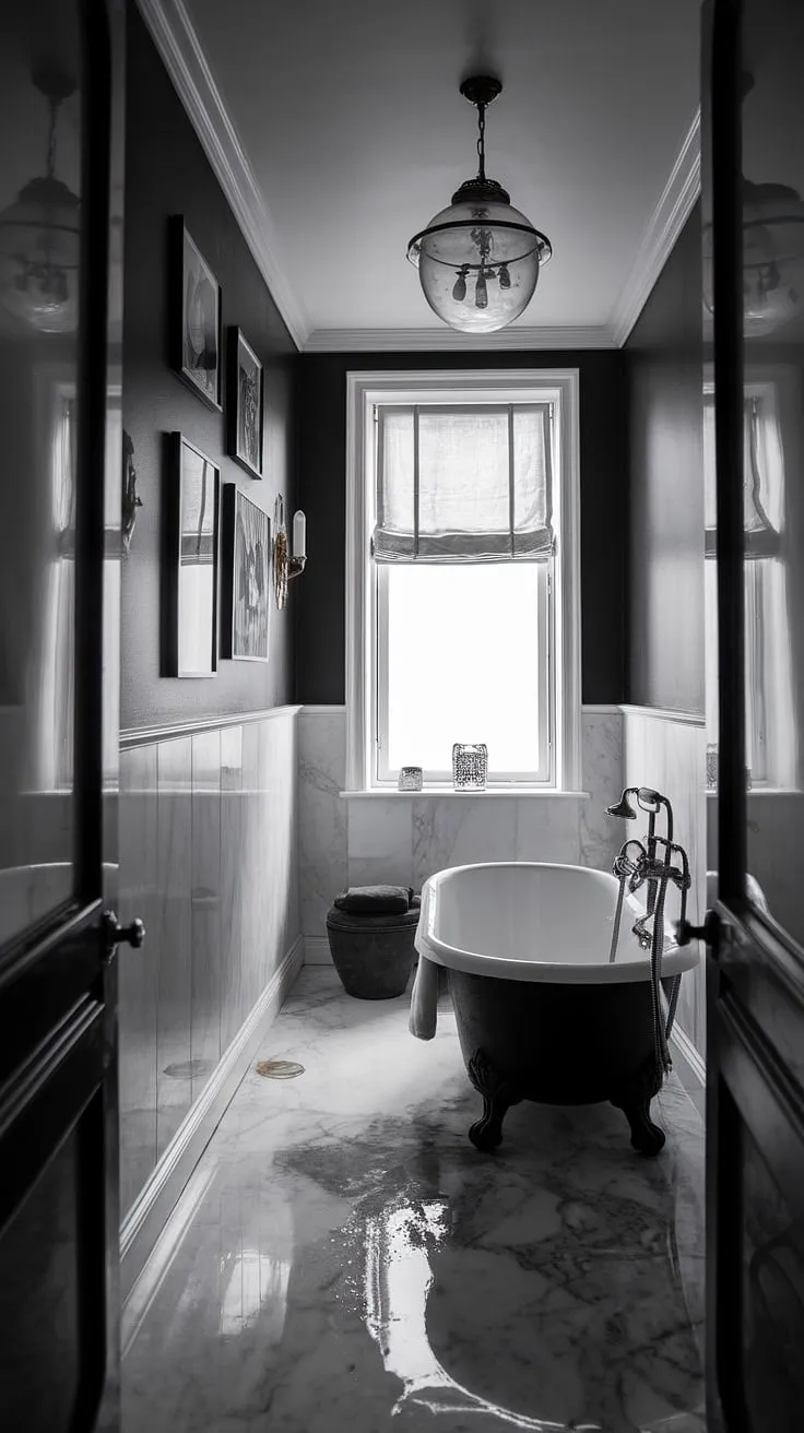 The black powder room exudes luxury with its moody ambiance, featuring marble floors, a vintage light fixture, and captivating decor that elevates any powder bathroom.