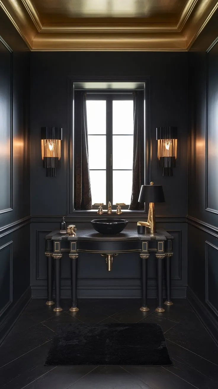 The moody bathroom showcases a striking black powder room decor with elegant gold accents, a high ceiling, and a plush black rug, perfect for a sophisticated powder bathroom experience.