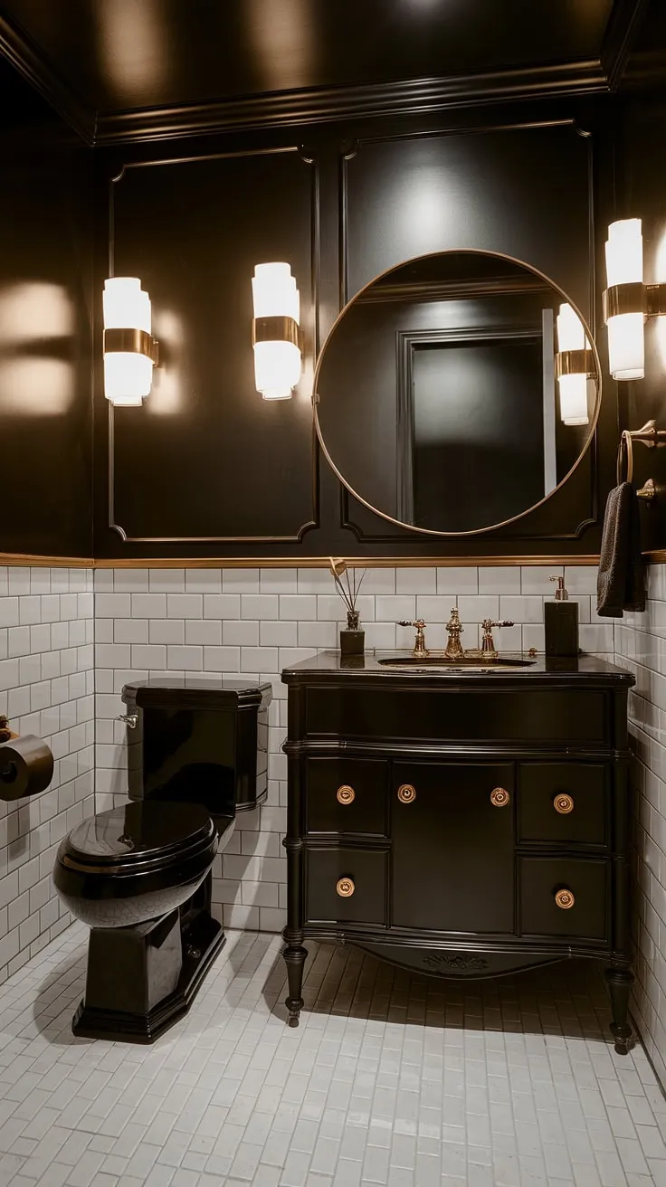 The moody bathroom showcases a sophisticated black powder room decor with a black vanity and sink, accented by gold fixtures and a large mirror, creating a stunning powder bathroom ambiance.