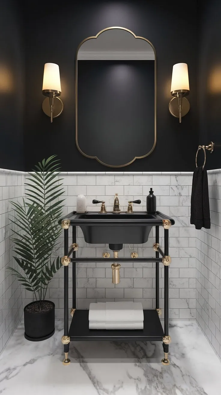 This moody powder room showcases a luxurious black and white theme with a marble floor, gold fixtures, and dark grey walls, creating an elegant atmosphere for any powder bathroom.