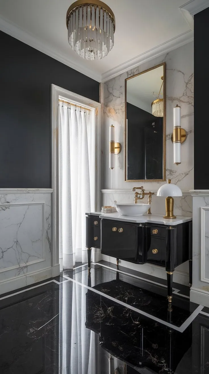 This luxurious moody powder room showcases a striking black and white theme with elegant marble finishes, a chic black vanity, and soft lighting that enhances its dark bathroom allure.