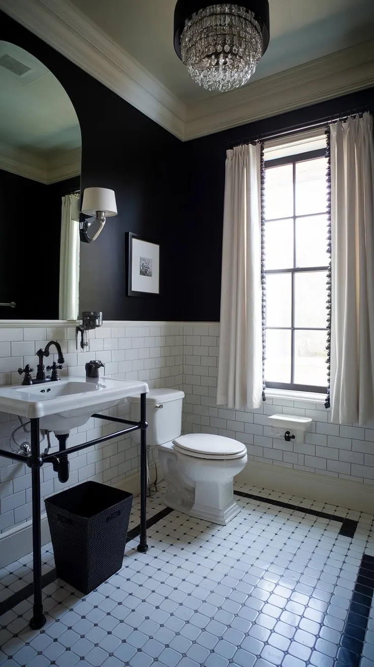 The elegant black powder room showcases a high ceiling and chic decor, creating a captivating moody bathroom experience with its bold black and white design.
