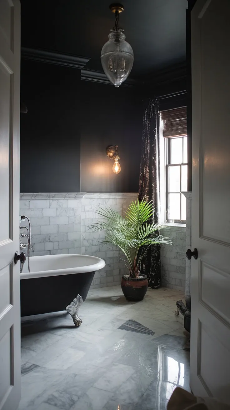 This moody powder room showcases a luxurious black and white theme with marble floors, a freestanding bathtub, and elegant decor, creating a stunning dark bathroom oasis.