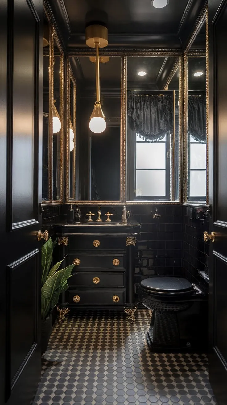 This luxurious moody powder room features a striking black theme with gold accents, creating an elegant atmosphere perfect for dark bathrooms.