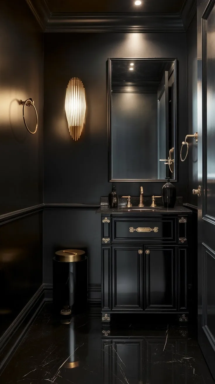 The black powder room exudes luxury with its moody ambiance, dark walls, and sophisticated gold details, making it a perfect example of modern powder bathroom decor.