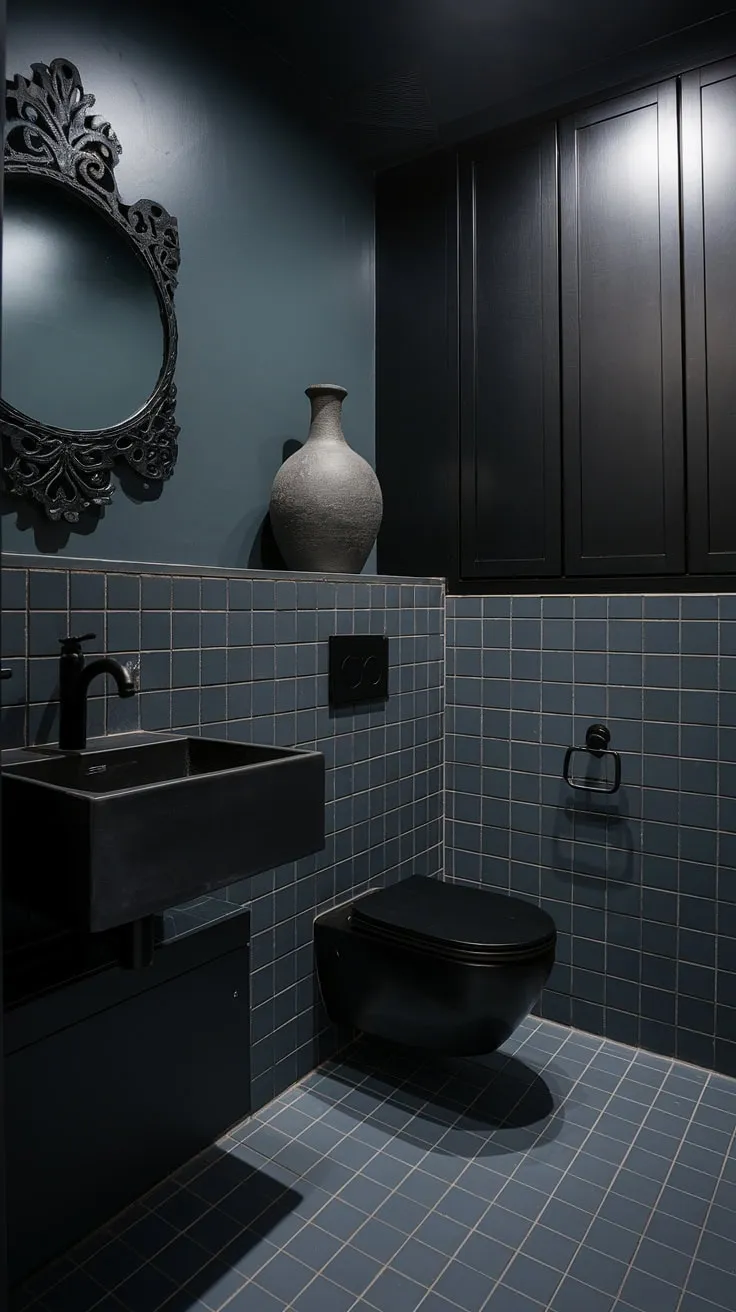 This luxurious moody powder room showcases a striking black and grey color scheme, featuring a sleek square sink, wall-mounted toilet, and elegant decor that enhances its dark bathroom aesthetic.