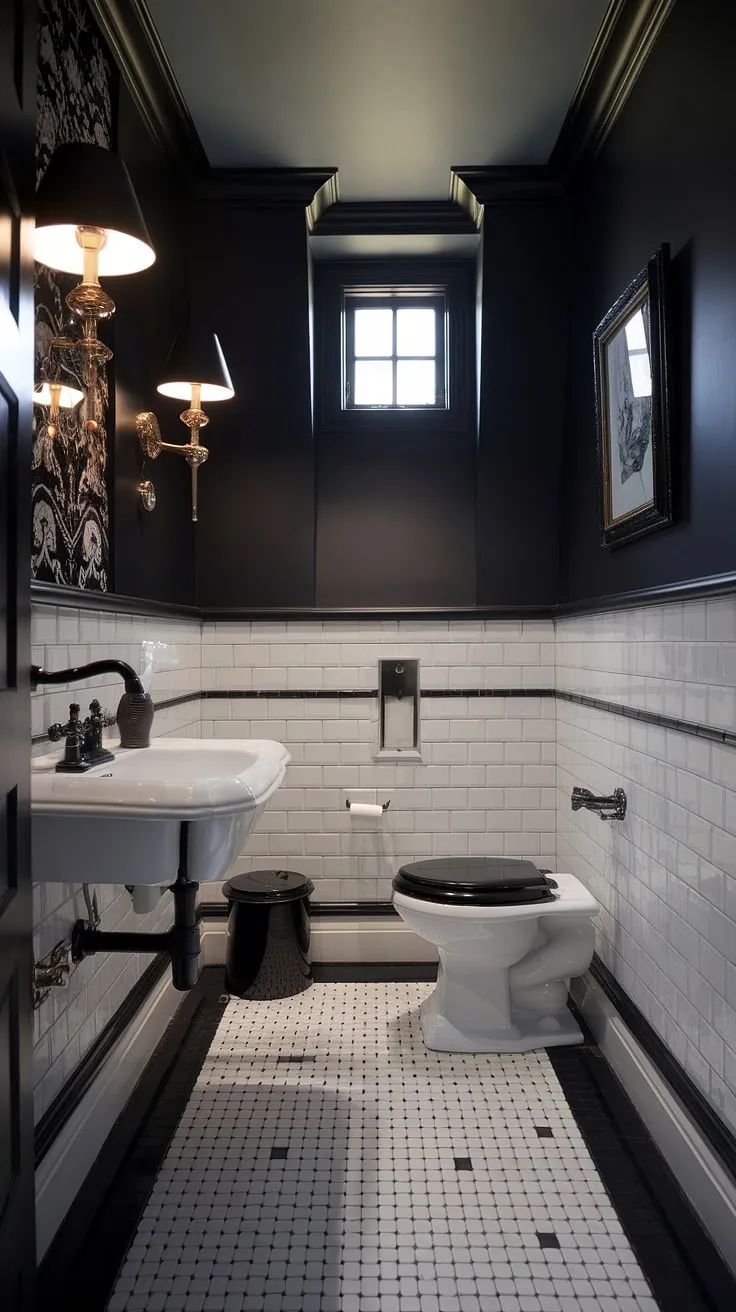 The moody powder room showcases a chic black and white design with dark gray walls and stylish fixtures, creating an inviting luxury powder bathroom that redefines dark bathrooms.
