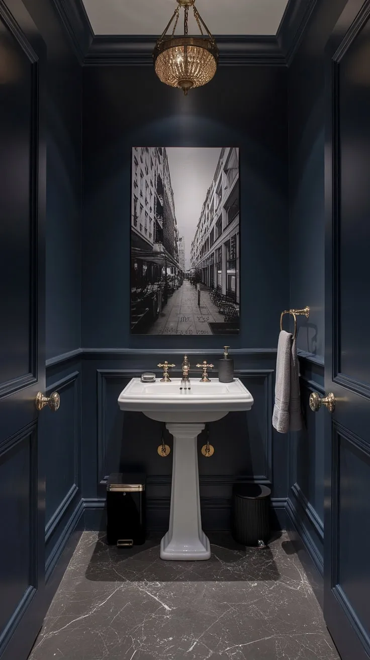 The black powder room showcases a striking blend of dark hues and luxury elements, creating a captivating atmosphere with its marble floors and brass accents.