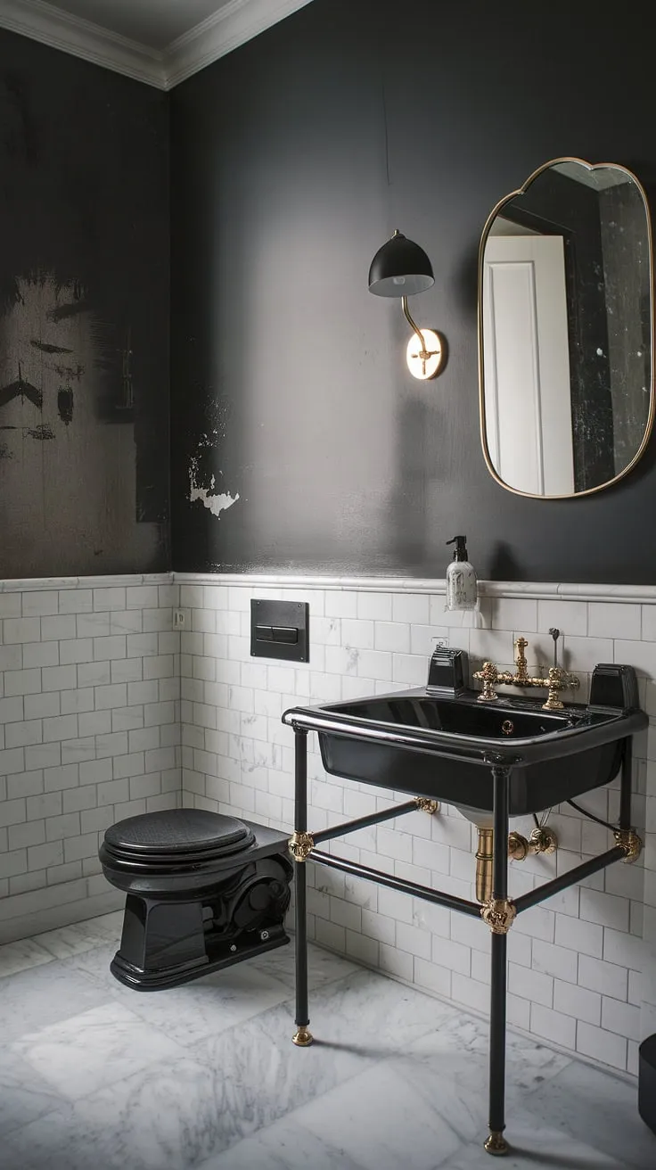 This luxurious moody powder room showcases a striking black and white theme with a marble floor, black sink, and gold accents, creating an elegant atmosphere in dark bathrooms.