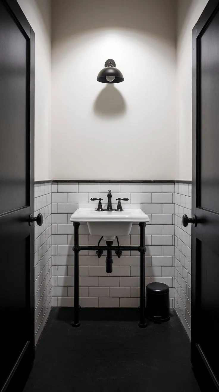 This moody powder room features a striking black and white theme with a black floor, white walls, and luxurious decor, creating an elegant atmosphere in dark bathrooms.