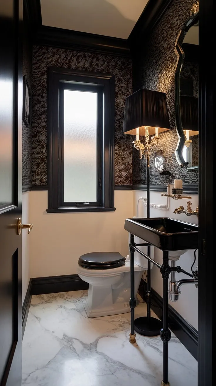 This moody powder room features a luxurious black and white color scheme, highlighted by a marble floor, gold-accented wallpaper, and soft lighting, creating an elegant atmosphere for any powder bathroom.