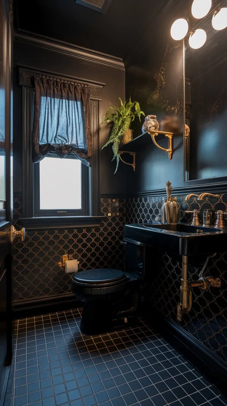 This moody powder room features a luxurious black theme with gold accents, creating an elegant atmosphere perfect for dark bathrooms.