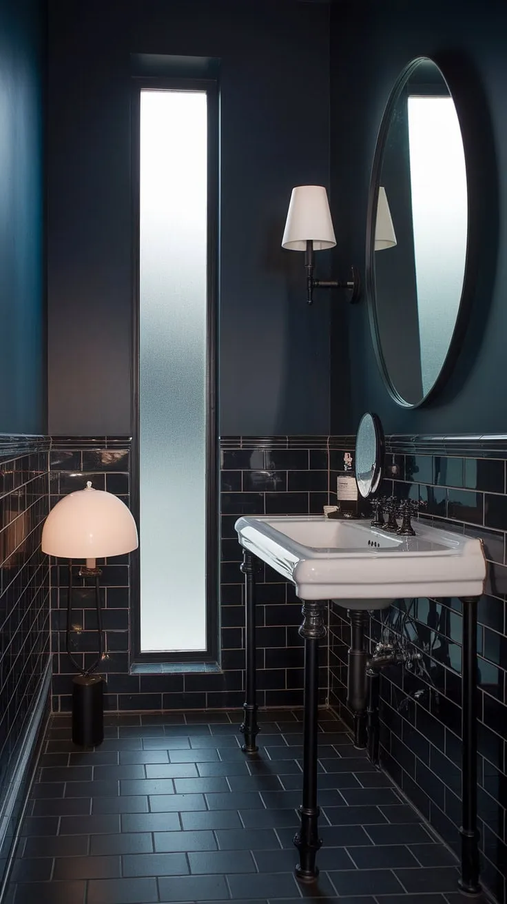The moody bathroom features a chic black powder room design with a white sink, black mirror, and frosted glass window, perfectly blending luxury and style in powder bathroom decor.