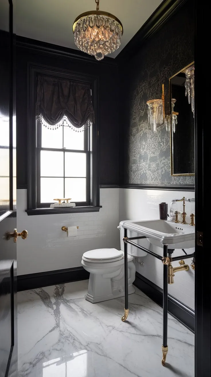 This luxurious moody powder room features a striking black and white color scheme, marble flooring, and elegant gold fixtures, creating a stunning dark bathroom aesthetic.