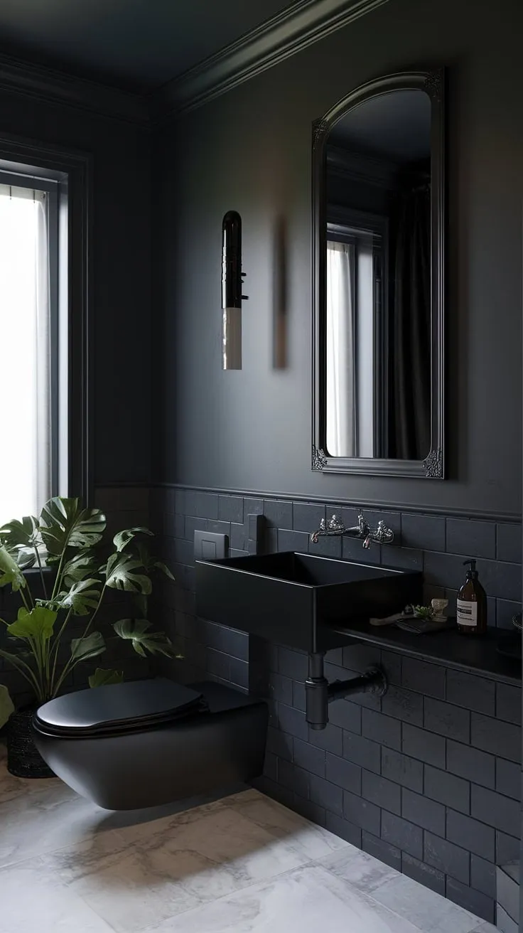 This luxury powder room features moody dark grey walls and striking black accents, creating an elegant atmosphere enhanced by white marble tiles and a touch of greenery.