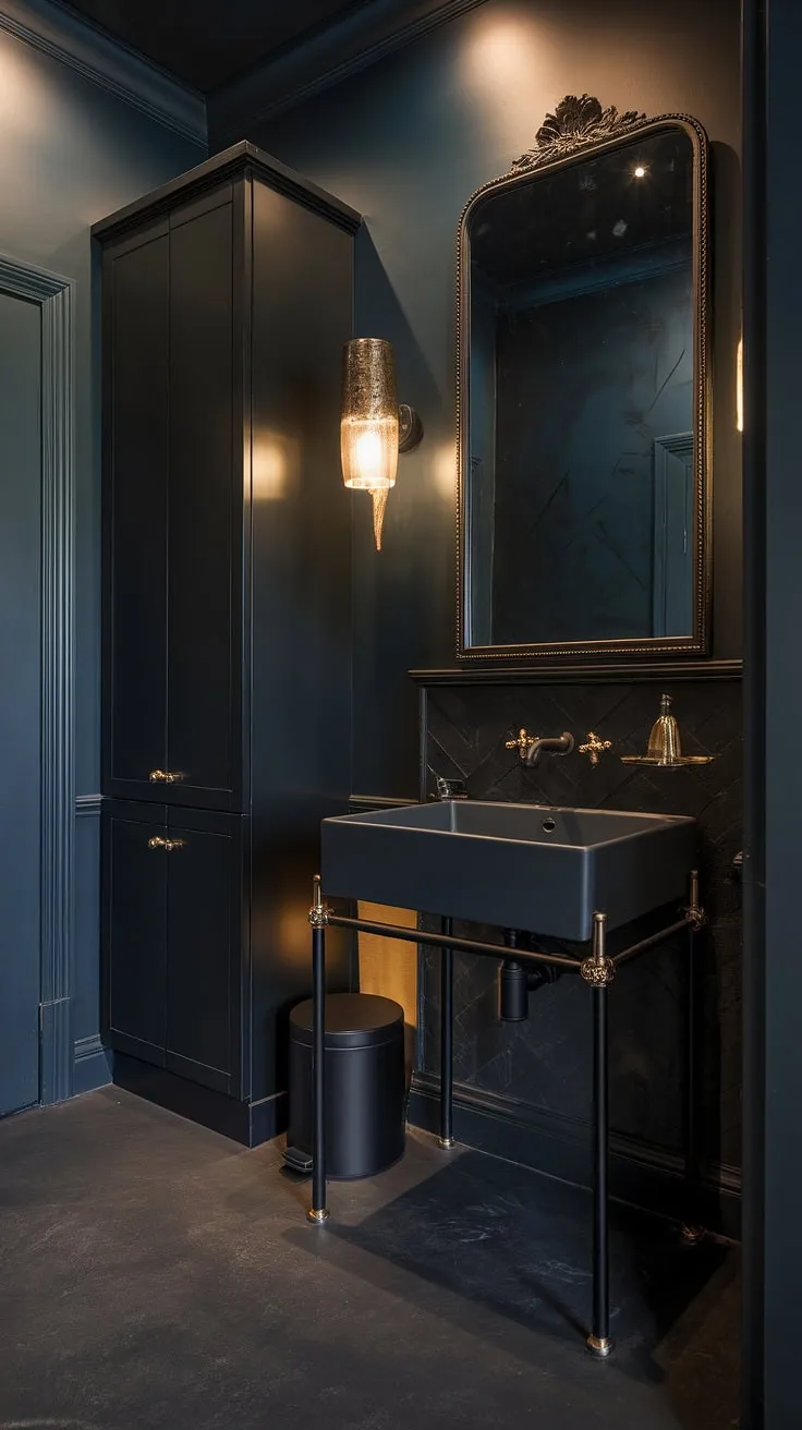 This luxury powder room features a moody black design with dark grey walls, a modern sink, and elegant gold accents, creating a stunning atmosphere for any powder bathroom.