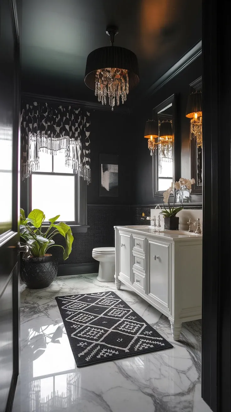 The black powder room exudes luxury with its marble floors, white vanity, and chic black chandelier, making it an ideal example of sophisticated powder bathroom decor.