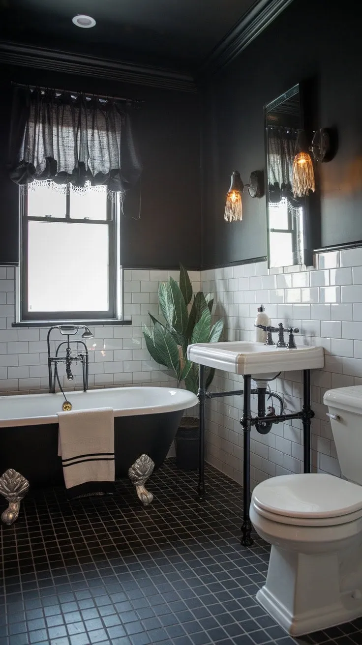 Experience a luxurious escape in this monochrome powder room, where the striking contrast of black and white tiles meets serene greenery for a sophisticated sanctuary.