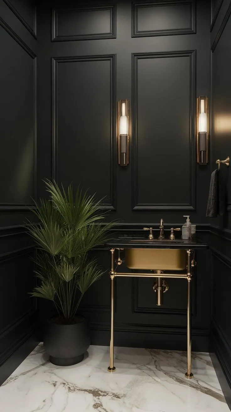 This opulent powder room exudes sophistication with its striking black walls, gleaming gold fixtures, and elegant marble flooring, all enhanced by a hint of greenery.