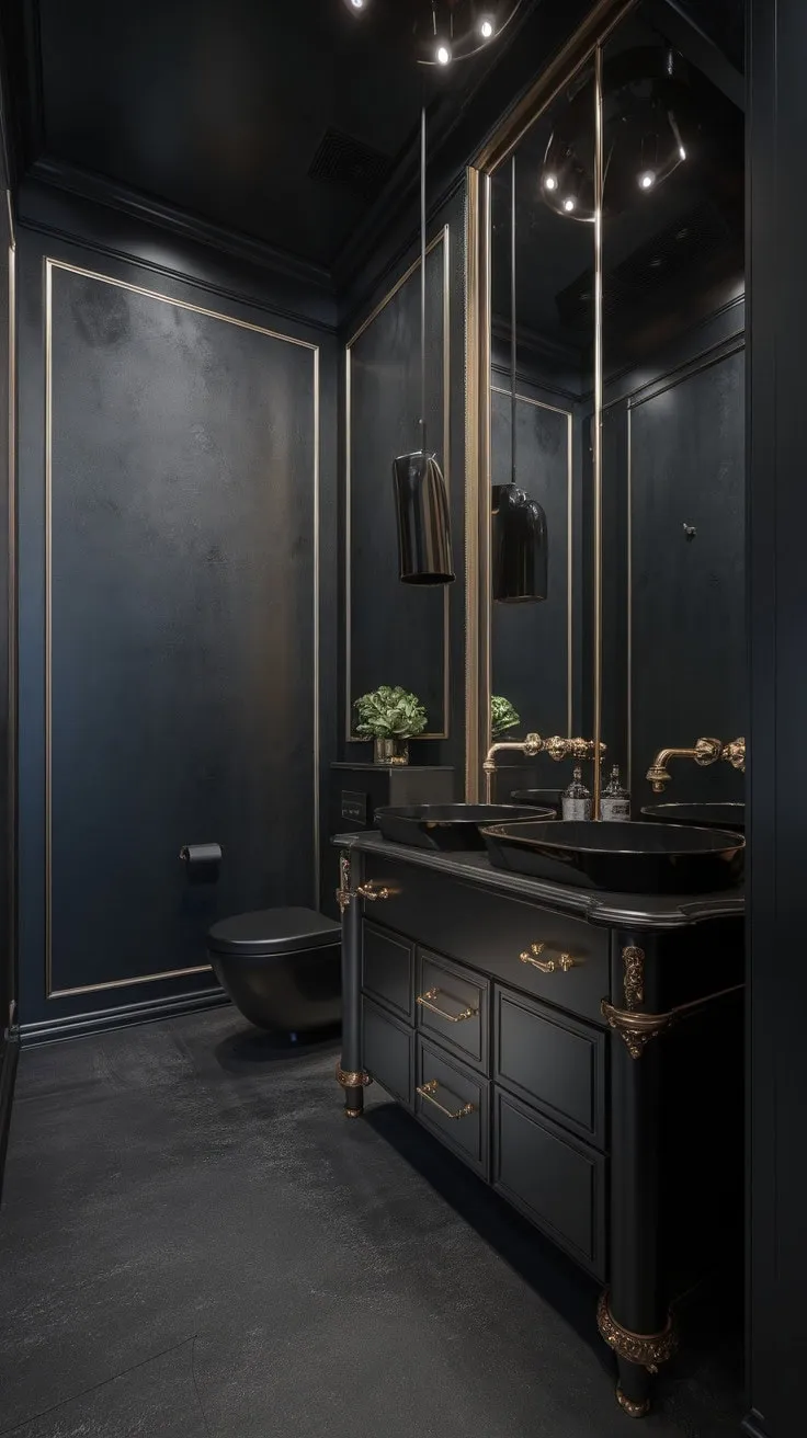 Step into a luxurious sanctuary where sleek black surfaces meet radiant gold accents, enveloped in soft lighting for an opulent escape.