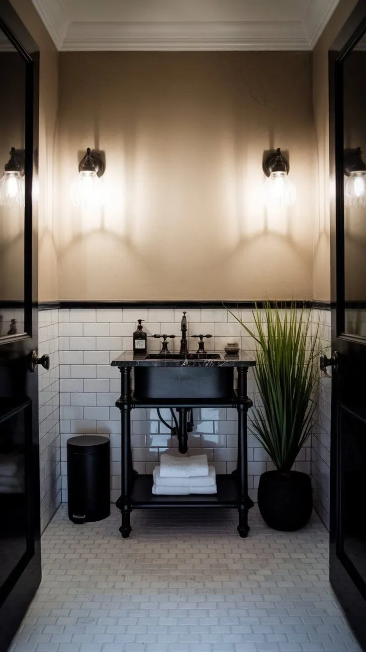 In this moody powder room, a chic interplay of an all-black vanity and fixtures against soft beige walls and a white tile floor exudes subtle elegance.