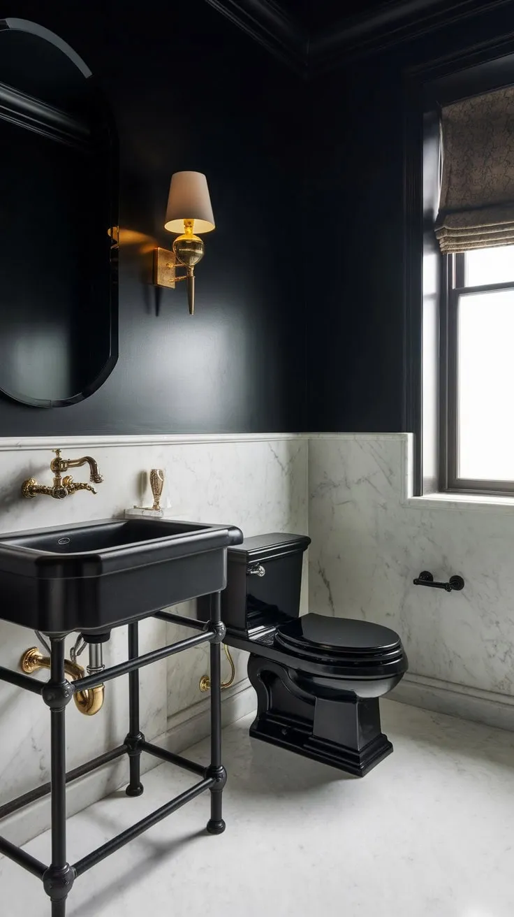 This powder room masterfully combines sleek black fixtures and white marble with gold accents, creating a striking sanctuary of dark luxury and refined minimalism.