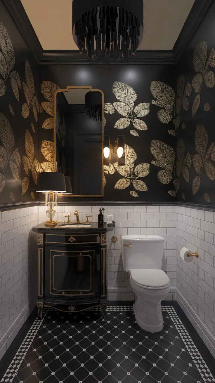 This enchanting powder room blends black and white tiles with gold leaf accents and warm lighting, crafting a luxurious sanctuary of refined elegance.
