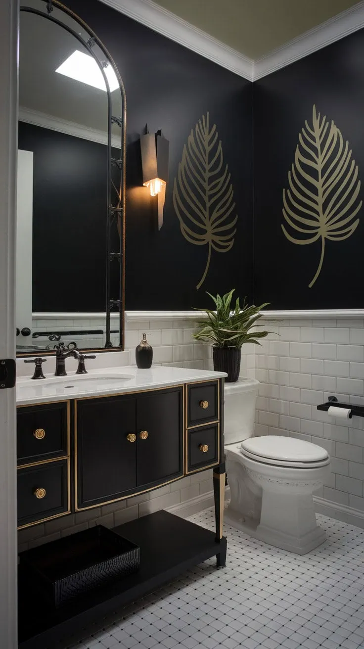 This powder room masterfully blends sleek black, crisp white, and warm gold for a strikingly luxurious experience.