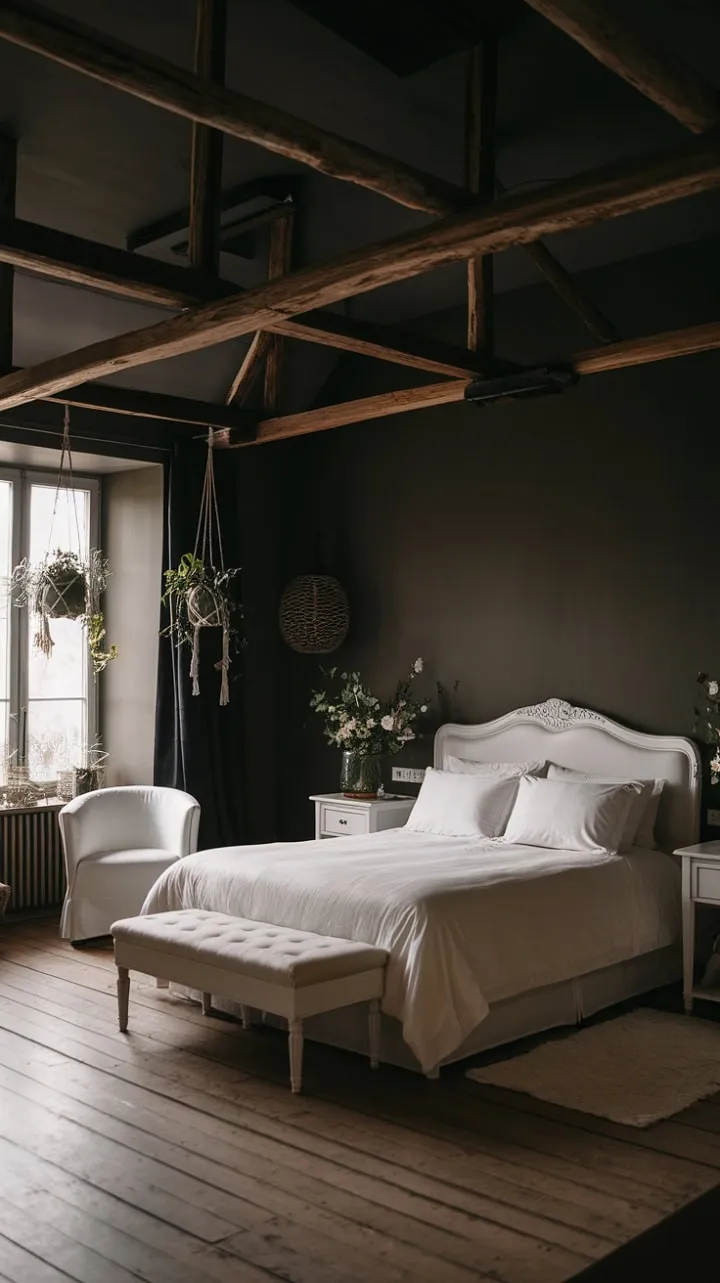 In a moody retreat of dark grey walls and wooden beams, white furnishings and hanging plants harmonize to create a romantic sanctuary perfect for peaceful nights.
