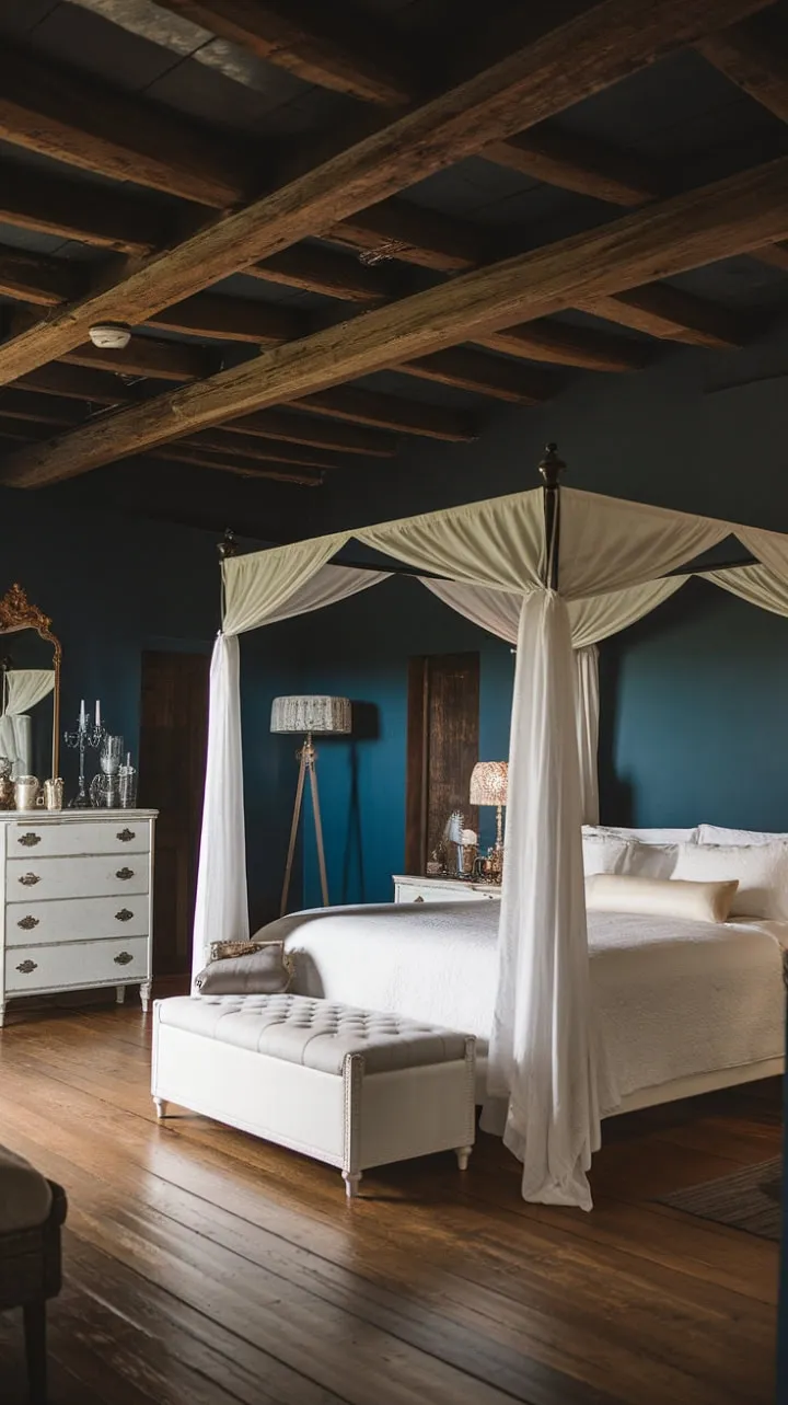 Nestled in a serene embrace of deep blue walls and rustic beams, this moody bedroom invites you to unwind in its plush bedding and vintage charm.