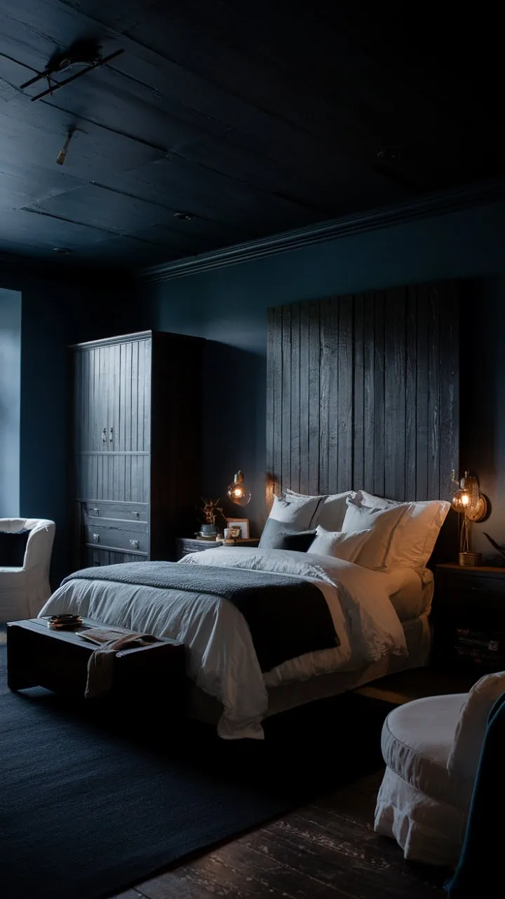 In a sanctuary of deep blue whispers and rustic charm, a moody romance unfolds under the soft glow of a lamp, cradling shared dreams in its intimate embrace.