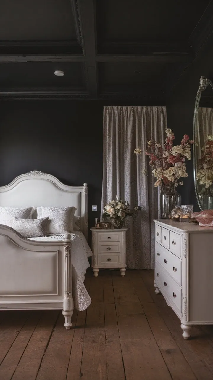 In a captivating blend of rustic charm and moody elegance, this bedroom becomes a romantic sanctuary where whispered secrets and quiet moments thrive beneath dark ceilings and whitewashed dreams.