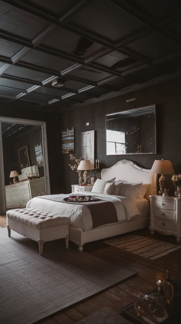 In this enchanting retreat, rustic charm intertwines with modern romance, casting a soft glow that transforms white furniture into a sanctuary of intimate tranquility.