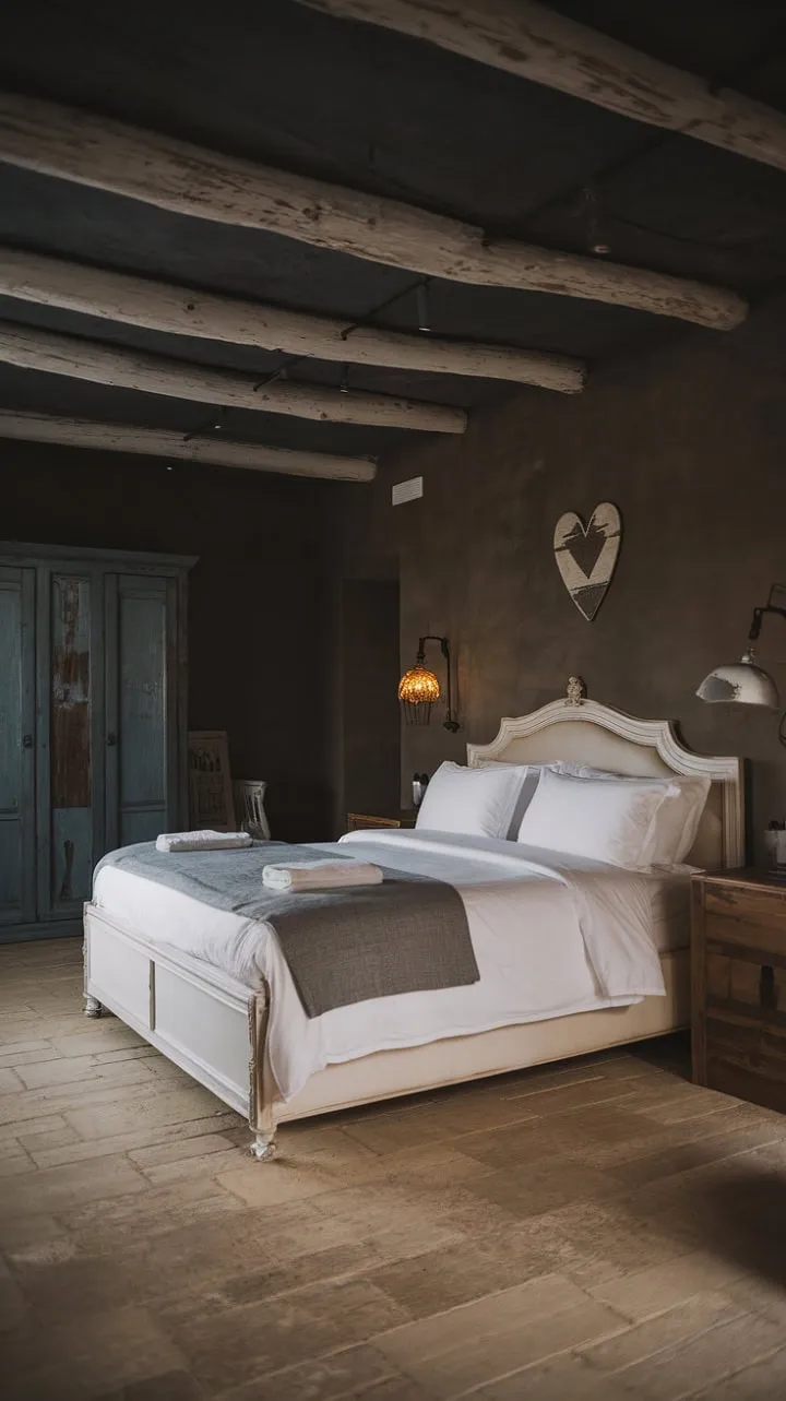 In this rustic sanctuary, dark ceilings and grey walls cradle a romantic escape, where white furniture and a soft grey blanket invite serene intimacy.