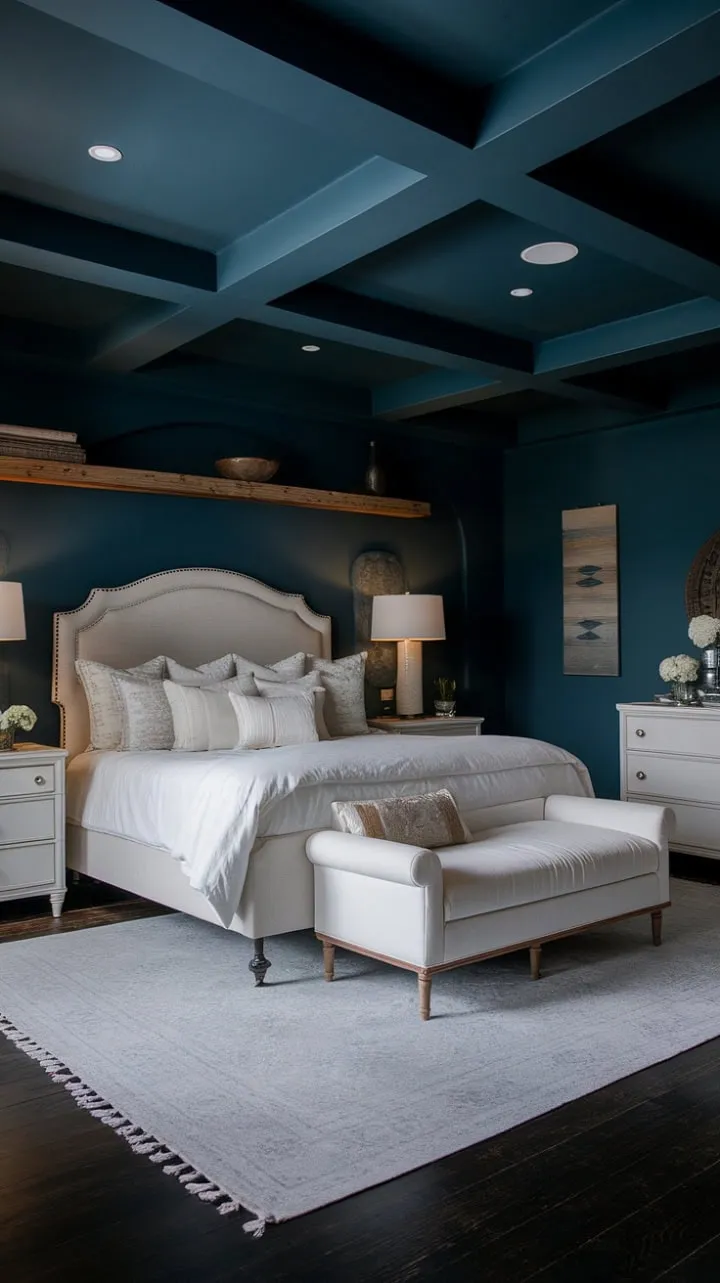 This bedroom offers a romantic retreat with its dark ceilings, crisp white furnishings, and deep blue walls, all harmonized by rustic wooden accents for a tranquil and intimate ambiance.