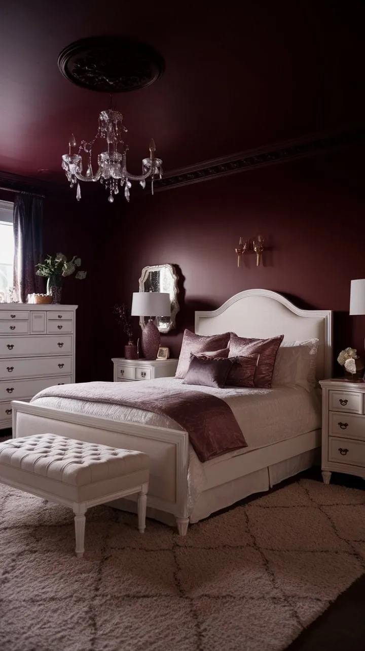 This bedroom enchants with its deep burgundy and pristine white palette, where a dramatic chandelier illuminates elegant furnishings, blending luxury with rustic charm.