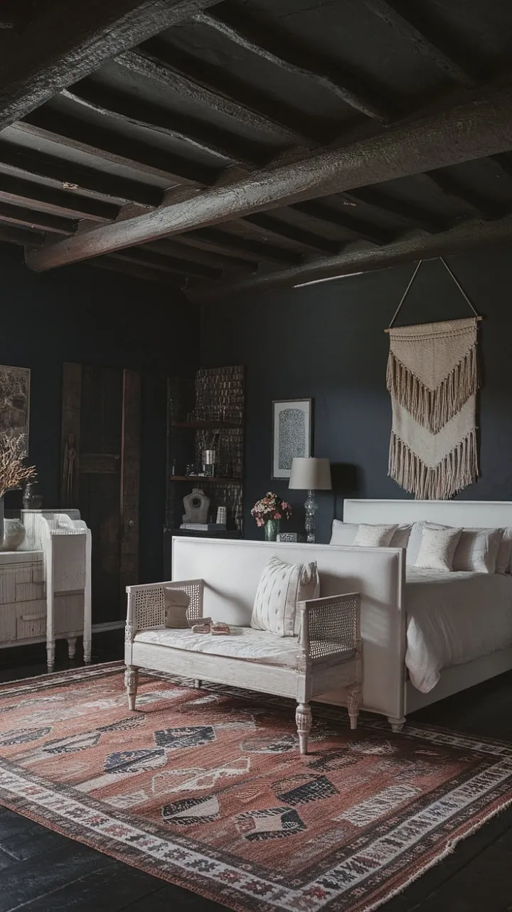 In a dramatic interplay of dark wood and crisp white, this romantic retreat invites whispered secrets and lingering glances in its serene embrace.