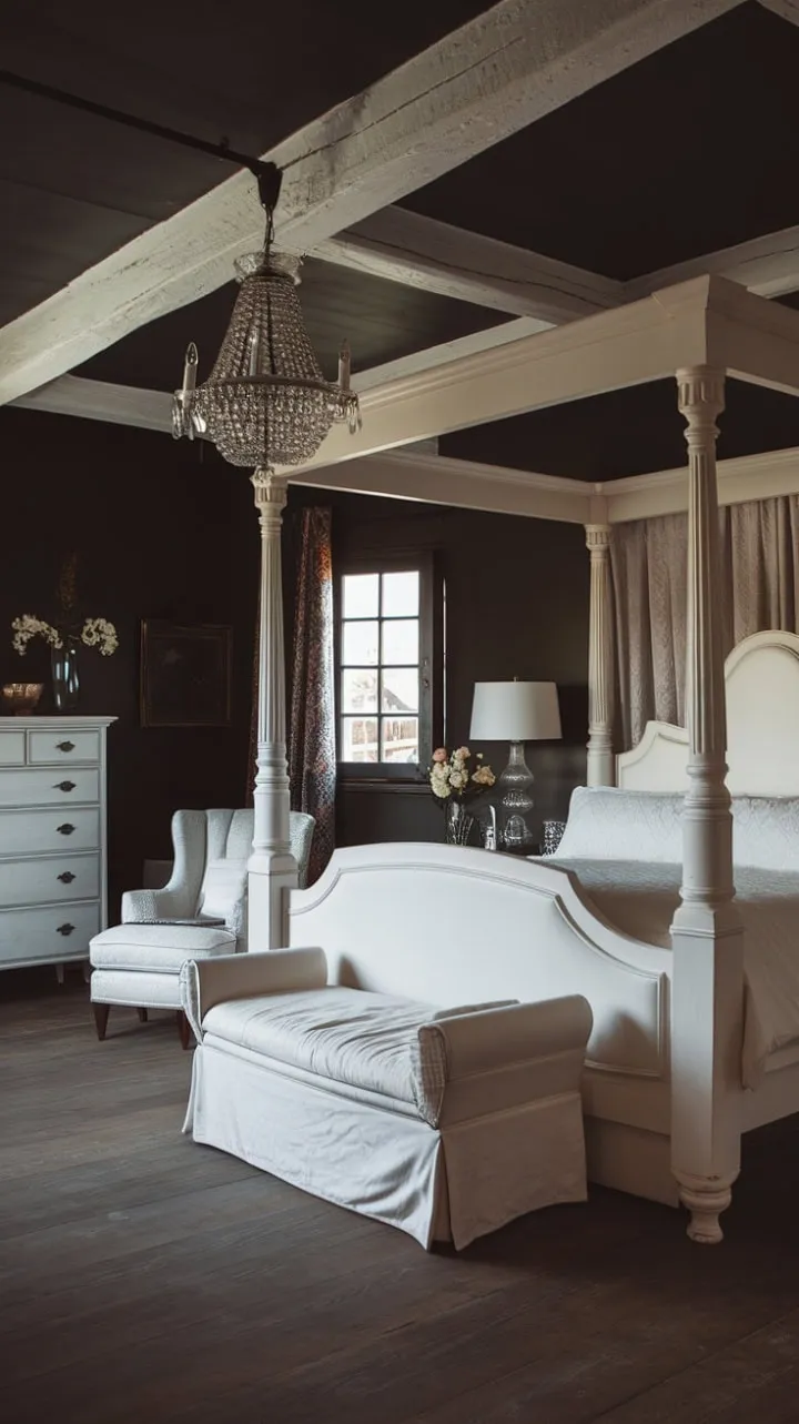 This enchanting bedroom blends whitewashed elegance with deep shadows, crafting a luxurious escape steeped in captivating mystery.