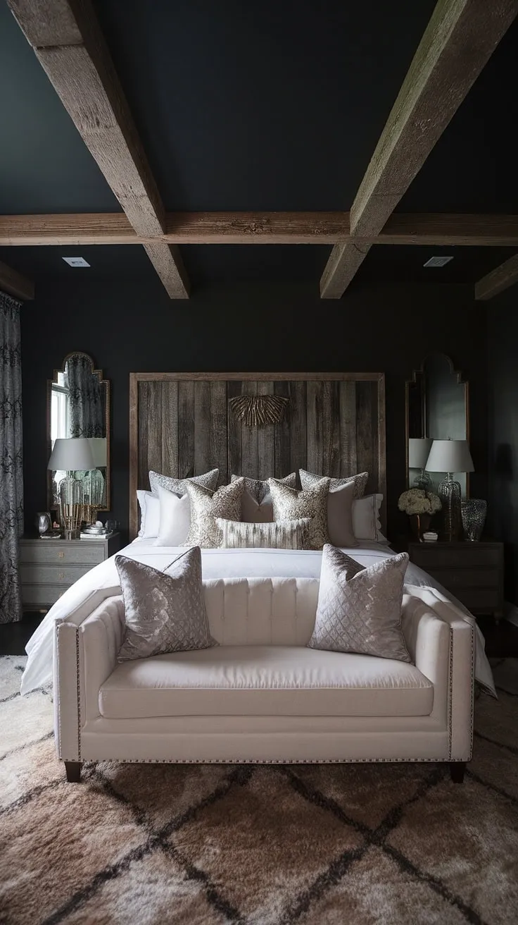 With its plush rug, gold accents, and a rustic wooden headboard, this moody glam bedroom offers inspiring rustic romantic ideas for couples seeking intimacy.