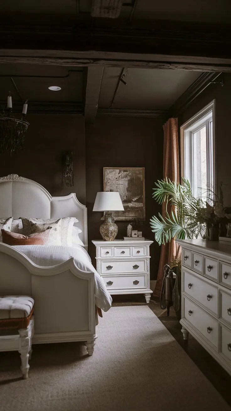Featuring a king-size bed and a cozy ambiance, this moody glam bedroom showcases white accents against dark walls, perfect for creating a romantic atmosphere.