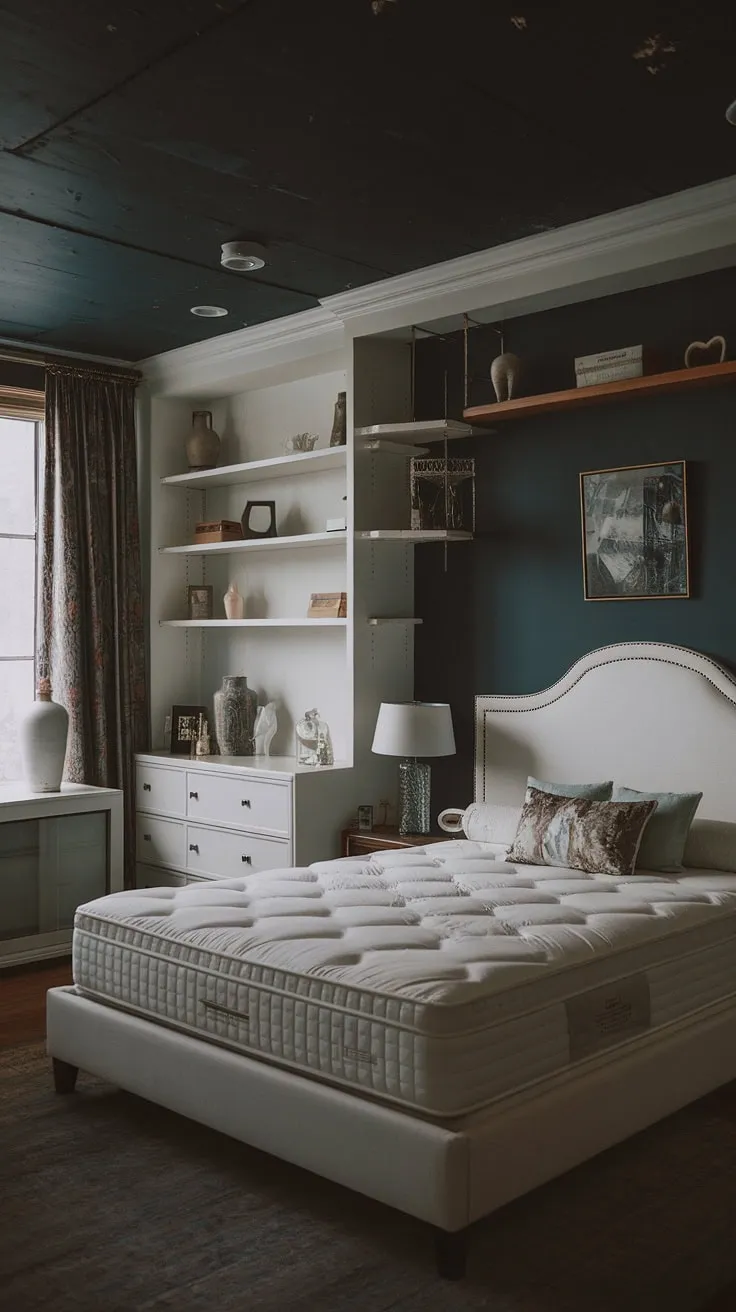 This moody romantic bedroom features white furniture against a dark ceiling and blue accent wall, creating a rustic yet glam atmosphere perfect for married couples.