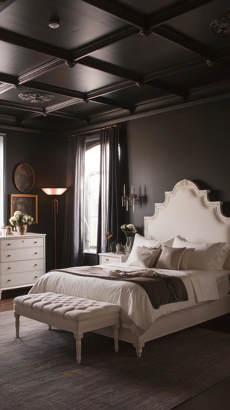 Create a cozy retreat with a moody glam bedroom that combines white furniture, a dark ceiling, and rustic romantic touches, perfect for married couples seeking inspiration.