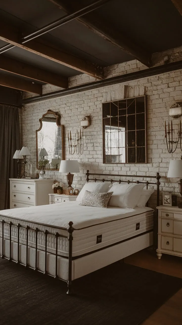 Create a captivating moody glam bedroom with a dark ceiling, rustic touches, and elegant white furniture, perfect for married couples seeking a romantic retreat.