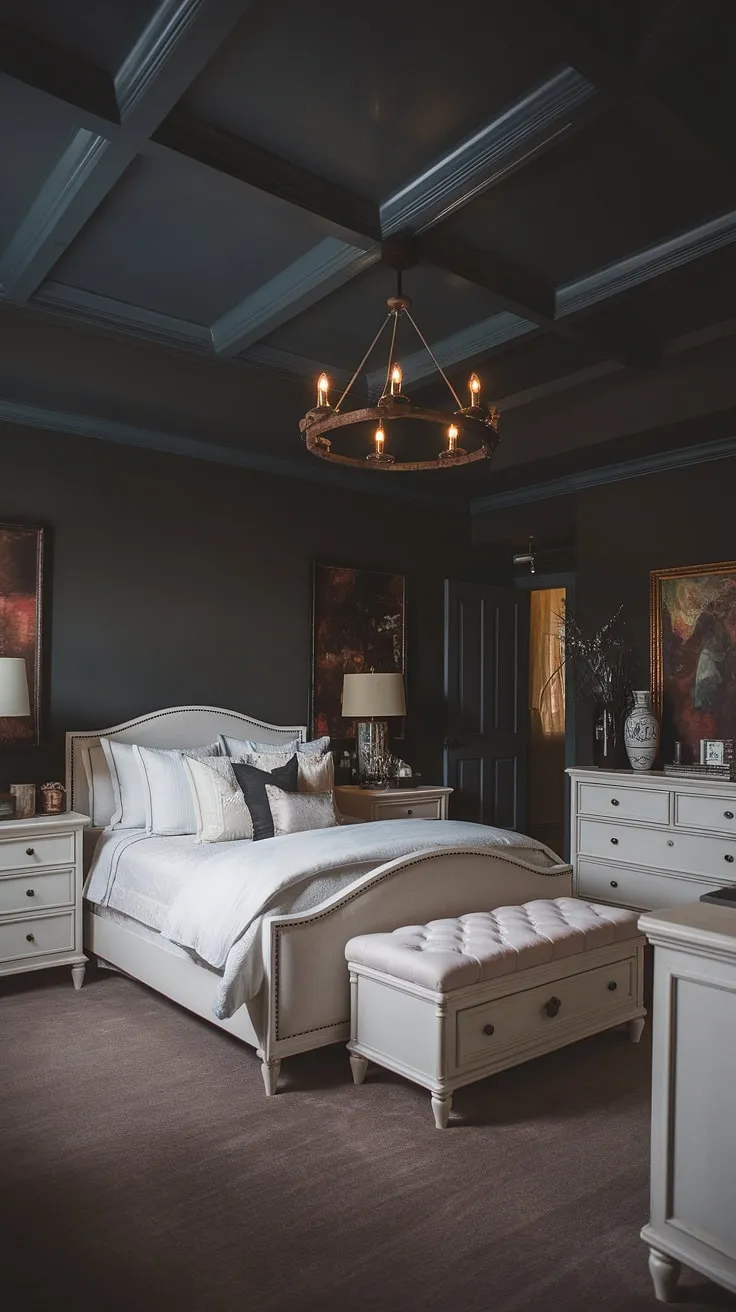 This moody romantic bedroom features a dark ceiling and white furniture, creating a dark romance room aesthetic enhanced by rustic chandelier accents and decorative touches.