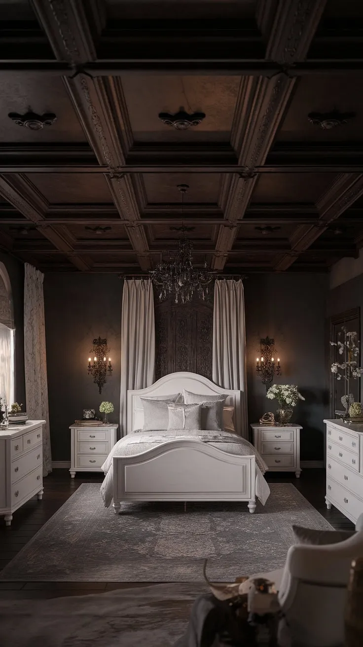Create a cozy retreat with a moody glam bedroom vibe, combining rustic elements and white furniture to inspire romantic married couple bedroom ideas in a beautifully lit space.