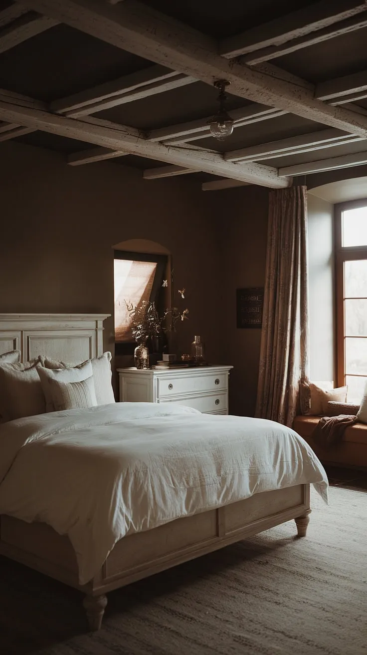 This moody romantic bedroom features white furniture against a dark ceiling, blending rustic charm with dark romance aesthetics for a cozy retreat.