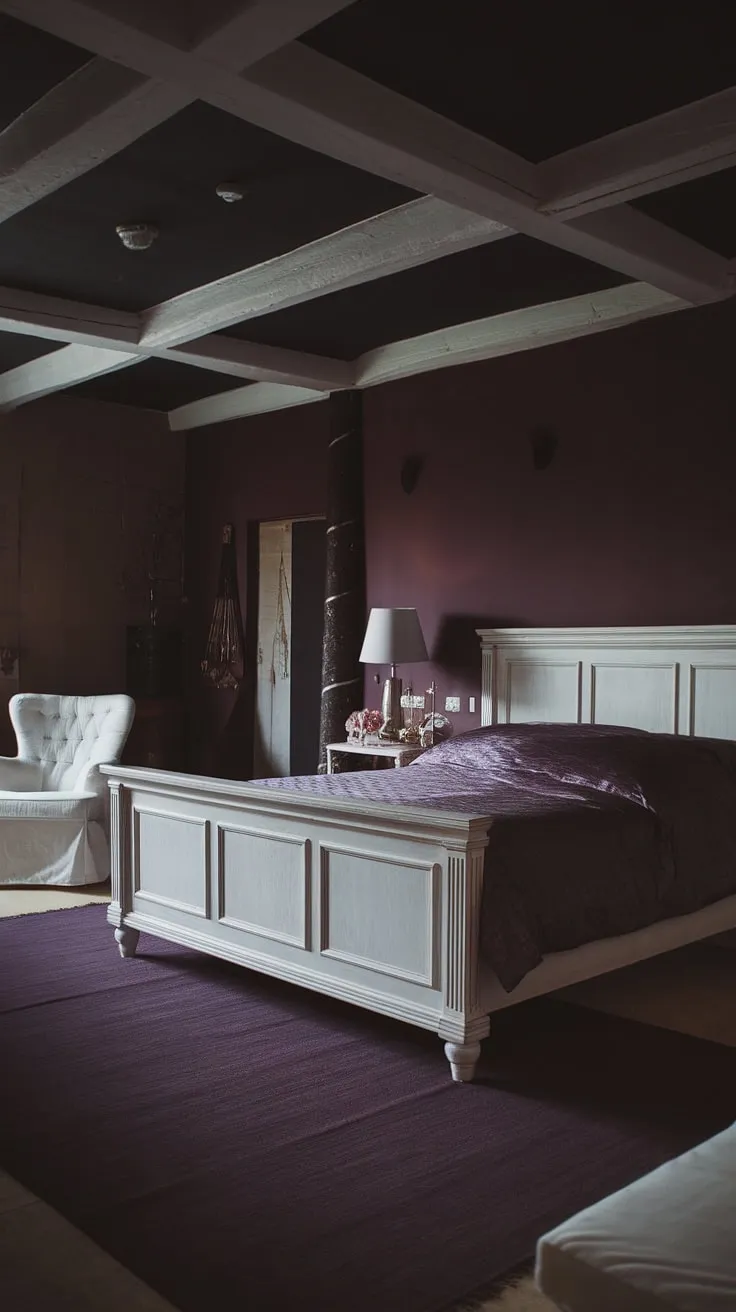 This moody romantic bedroom features white furniture and a dark ceiling, blending rustic charm with dark romance through its king-size bed, purple accents, and dim lighting.