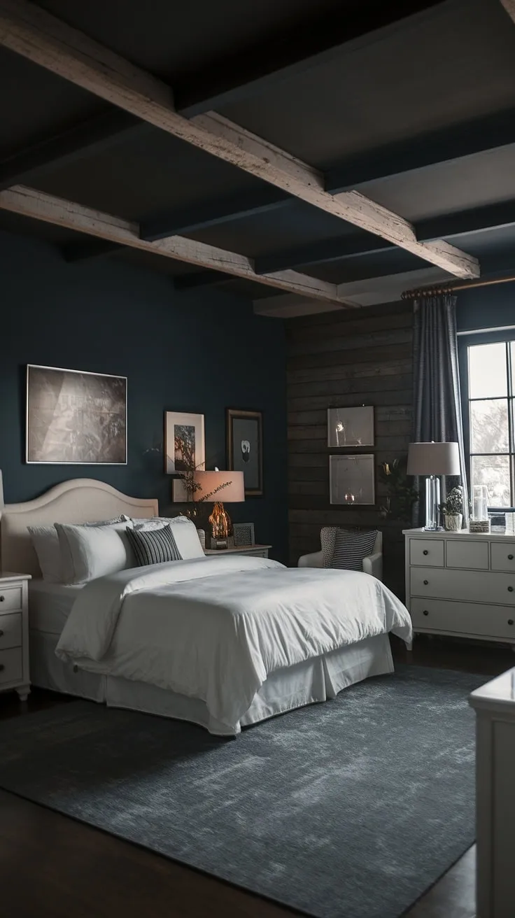 Transform your space into a moody romantic bedroom with a dark ceiling, featuring white furniture, rustic accents, and a deep blue hue for a captivating dark romance room aesthetic.