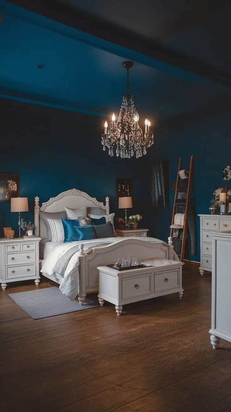 With its deep blue walls, elegant chandelier, and rustic touches, this moody glam bedroom beautifully blends dark romance and rustic charm.
